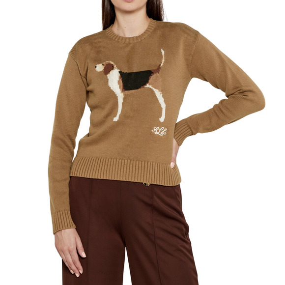 NWT Ralph Lauren Beagle Dog 100% Cotton Knit LS Sweater Brown Womens M - Picture 1 of 2